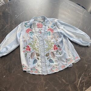 Johnny Was Blue Striped Blouse with Floral Embroidery